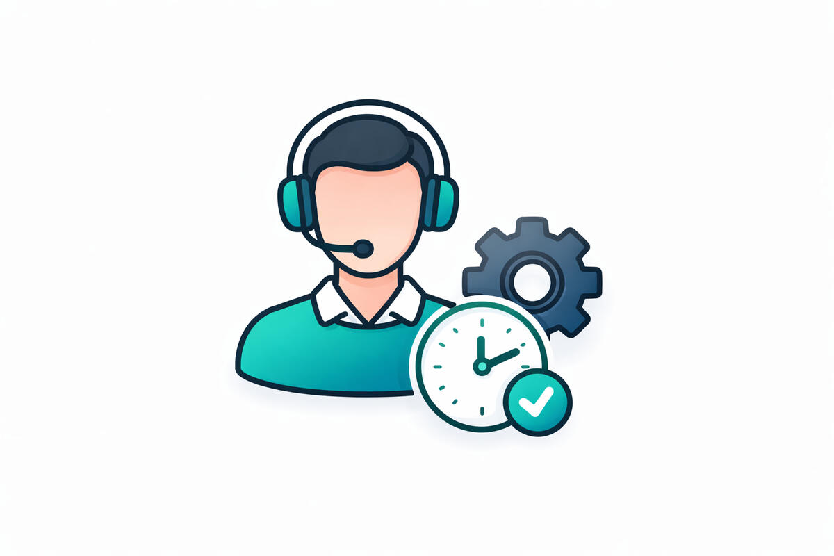 draftsmart-expert-technical-support-services Iconography showing a support specialist with a clock and gear, representing fast response times and expert technical assistance for DraftSmart users.